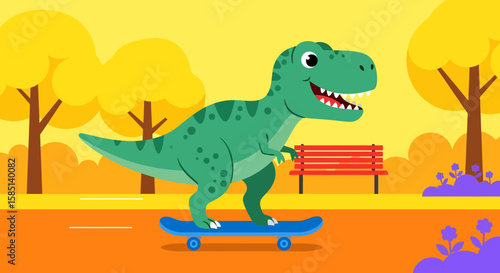 Cartoon Tyrannosaurus Rex balancing on a blue skateboard in a park