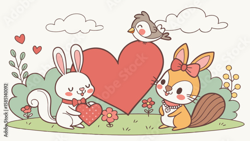 Cute valentines day animals vector illustration with bunny squirrel and bird clip art for love card design