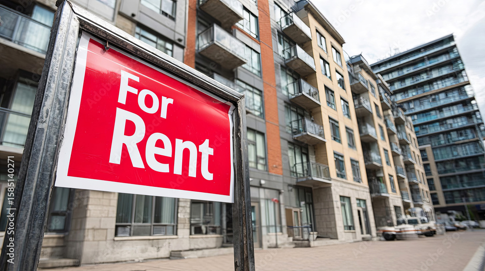 Obraz premium Red sign displaying 'For Rent' in front of modern apartment buildings with balconies, showcasing urban living and rental opportunities in a contemporary residential area