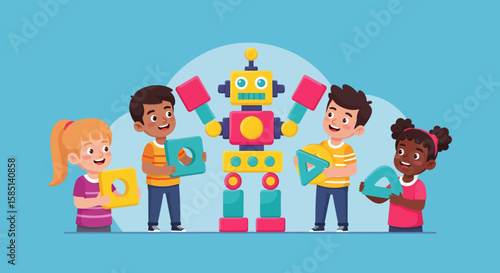 Cheerful Children Building a Colorful Toy Robot with Geometric Shapes