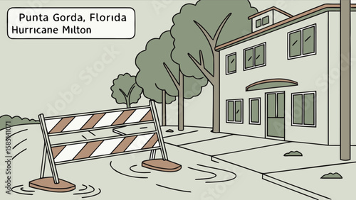 Punta gorda florida hurricane milton damage illustration of flooded streets and building damage scene is shown