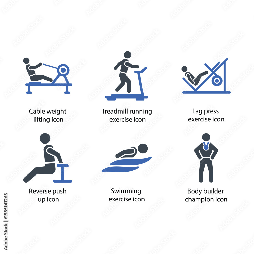 Cable weight lifting, Treadmill running, Lag press, Reverse push up, Swimming, Body builder champion, icon