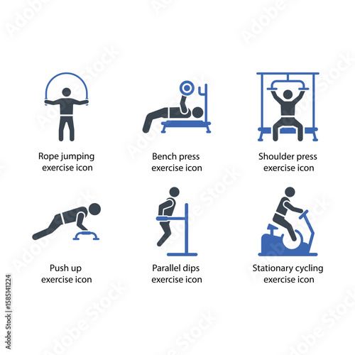 jumping exercise, Bench press, Shoulder press, Push up, Parallel dips, Stationary cycling, icon