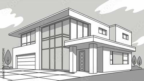 Modern home design architectural rendering showcasing contemporary house with large windows and garage door design