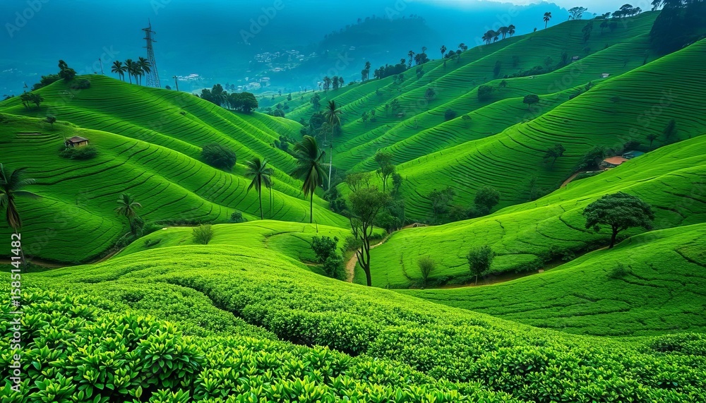 Fototapeta premium Emerald green tea fields cascade down Rwanda's lush hills, vibrant green, countryside