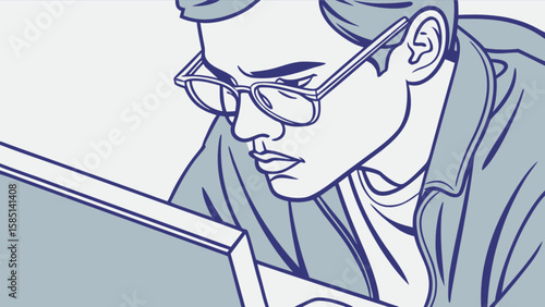 Illustration of a man working on computer wearing glasses focused coder developer programmer at screen