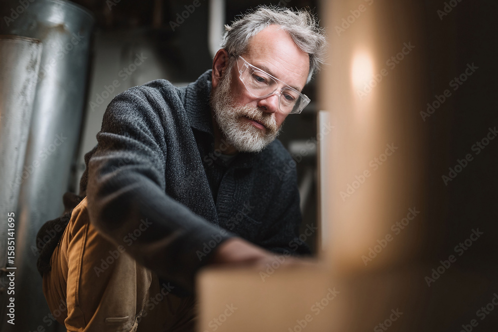 Obraz premium Craftsman at work a mature man with safety glasses focused on woodworking. Symbolizes dedication, skill, and home improvement. Ideal for DIY, craftsmanship, renovation themes.