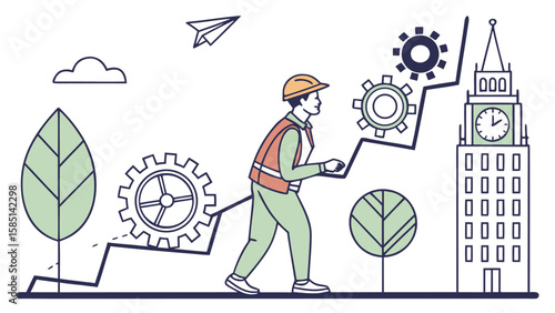 A construction worker walks along a rising graph with gears and a building with a clock in the background