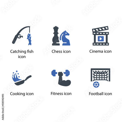 Catching fish, Chess, Cinema, Cooking, Fitness, Football, icon