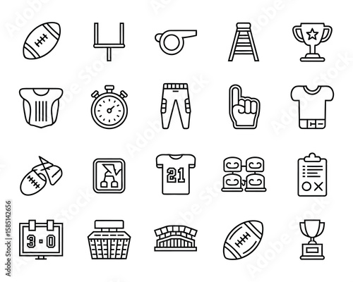American Football Vector Icon Set – Ball, Helmet, Goalpost, Jersey, Field, Tackle, Scoreboard, Playbook, Fans, and Victory Icons in Adjustable Line Style