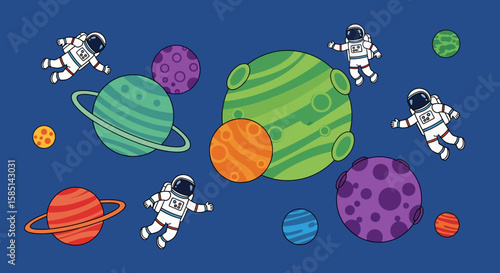 Colorful Cartoon Astronauts and Planets in Space