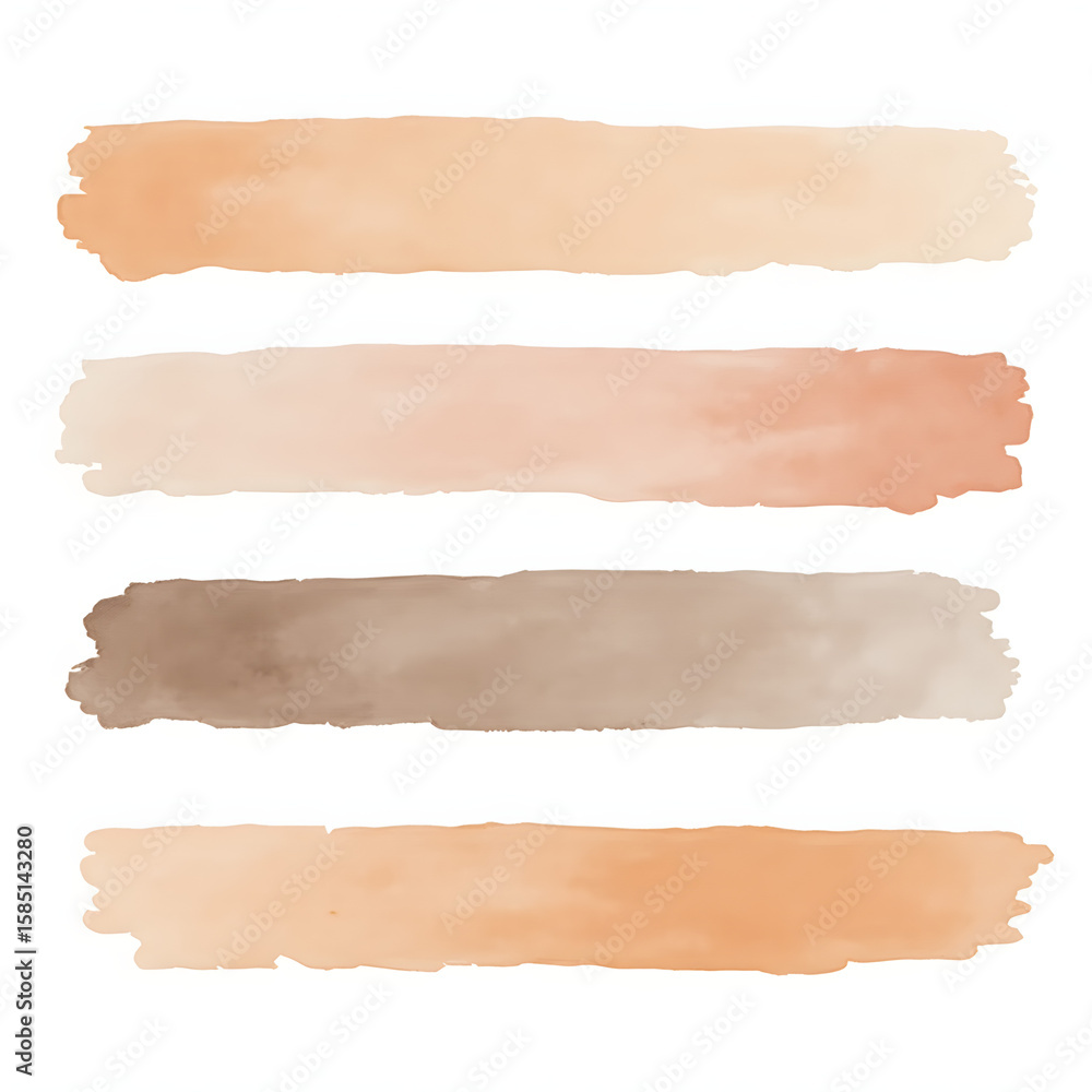 Fototapeta premium Four watercolor strips in neutral tones are arranged horizontally. Each strip has an uneven, hand-painted texture with rough edges. The colors range from warm beige to soft brown
