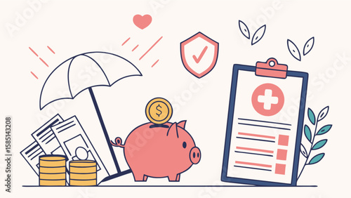 Understanding health insurance benefits and financial planning with piggy bank and umbrella concept 100