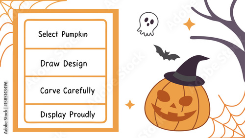 Illustration showing halloween pumpkin carving steps with pumpkin wearing a hat and ghost and bat 100 char