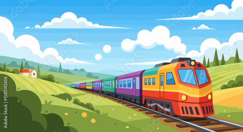 Colorful passenger train with red and yellow locomotive on railway tracks