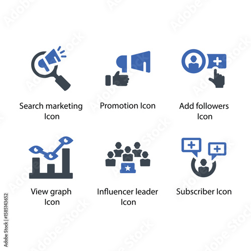 Search marketing, Promotion, Add followers, View graph, Influencer leader, Subscriber, icon
