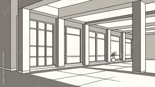 Illustration of interior space with windows and columns for architectural design and visualization use