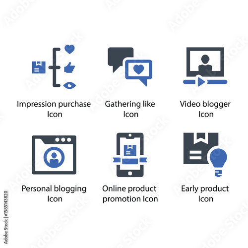 Impression purchase, Gathering like, Video blogger, Personal blogging, Product promotion, Early product, icon