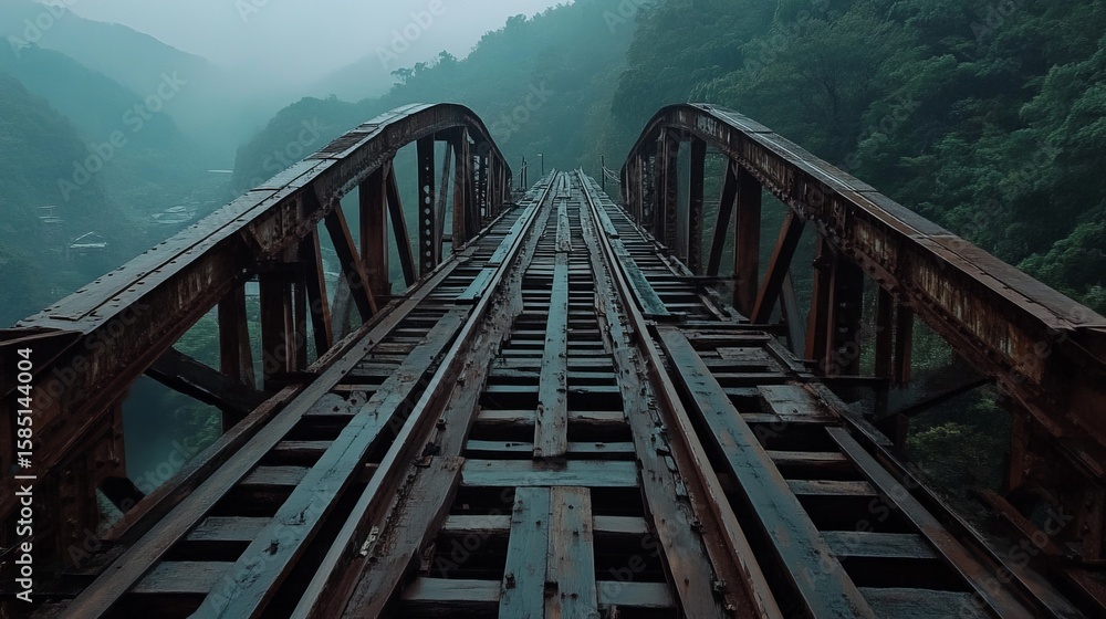 Rusty metal railway bridge spans a misty valley Rusty metal railway bridge spans a misty valley