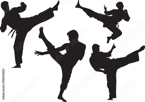 Silhouette set of martial arts masters performing karate and kung fu moves, ideal for sports, self-defense, and action-themed designs.
