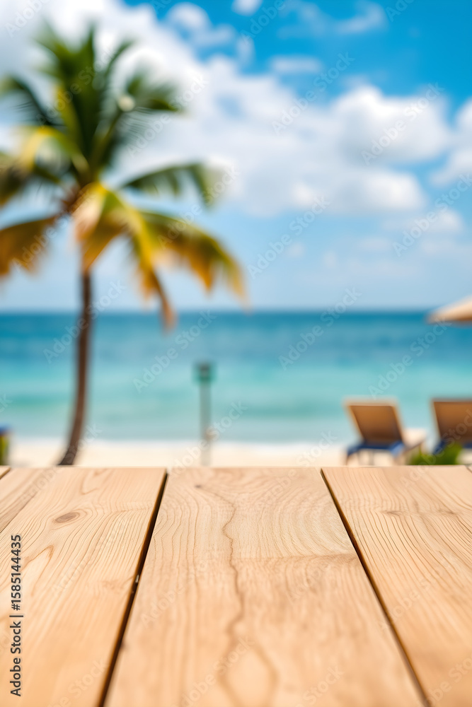 Fototapeta premium Wooden table overlooking tropical beach with palm tree and turquoise water