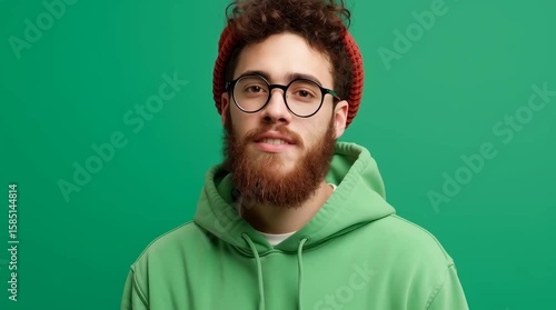 Young caucasian man with beard and mustache in glasses standing with arms crossed looking at camera. Studio footage.