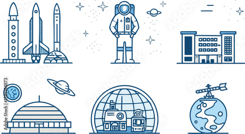 blue icon collection of rockets, UFOs, shuttles, and spaceships in flight, ideal for sci-fi, future tech, and interstellar travel designs.