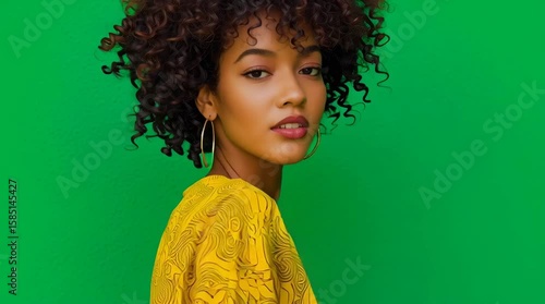 Woman with curly hair posing against a green screen. Confident model in yellow shirt. Ideal for chromakey footage.