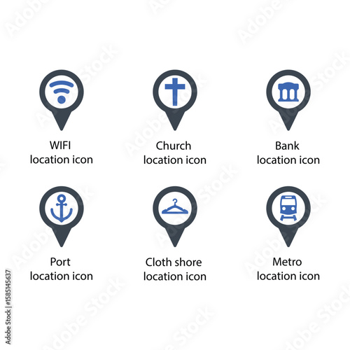 WIFI, Church, Bank, Port, Cloth shore, Metro, location icon