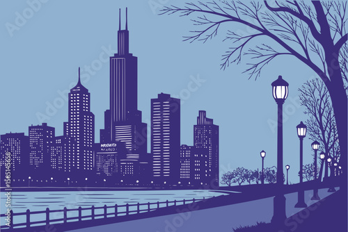 Stylized city skyline with skyscrapers along a river, featuring a walkway with streetlights and bare trees under a twilight sky. Ideal for urban and serene designs.