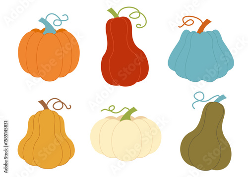 Colorful Pumpkin Vector Set – Fall Harvest Gourds in Flat Design Style