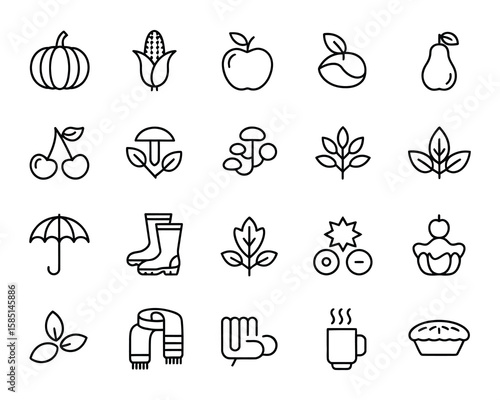 Autumn Vector Icon Set - Pumpkin, Apple, Corn, Leaf, Mushroom, Acorn, Pie, Scarf, Boots, Umbrella, Tea, Harvest - Adjustable Line Weight