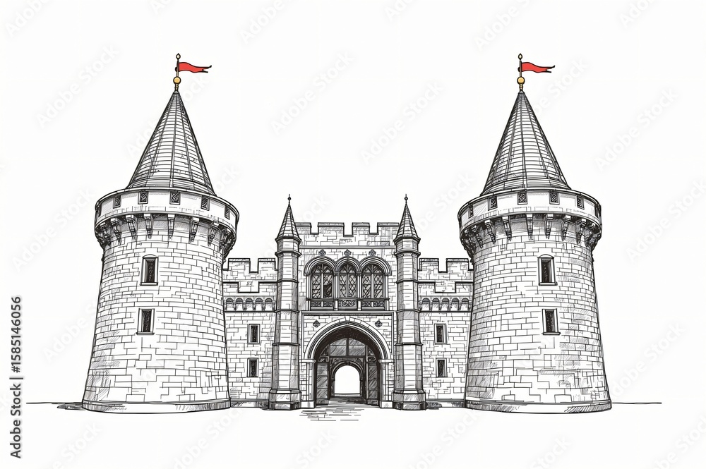 Obraz premium Medieval castle gate, sketch, entrance, towers, flags, illustration, white background, design