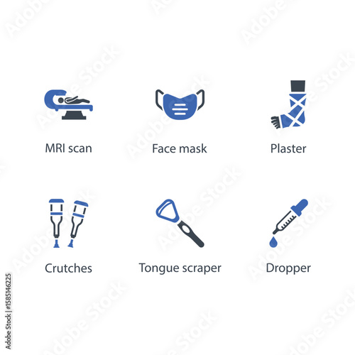 MRI scan, Face mask, Plaster, Crutches, Tongue scraper, Dropper, icon