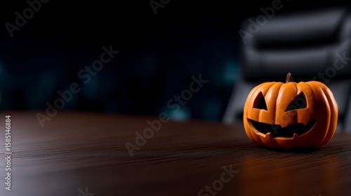 a carved pumpkin on an office desk halloween work concept. A spooky autumn decoration adorns a workspace table a festive fall office scene.