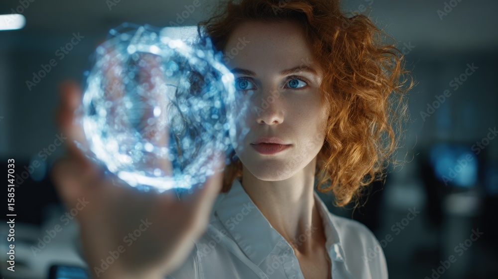 Naklejka premium Elegant woman in high-tech office accessing cyber network protection via hologram