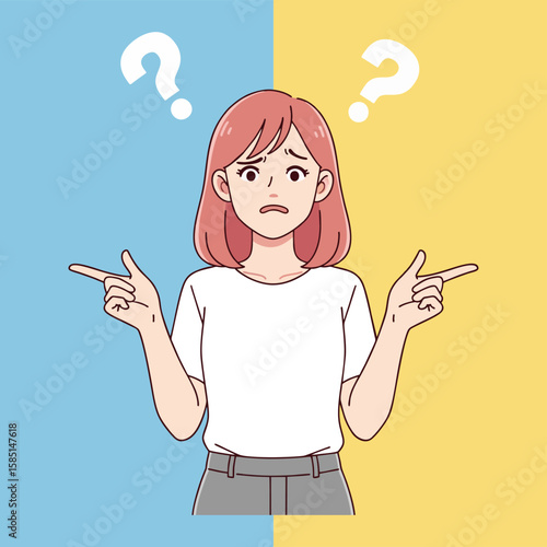 Choice, thinking, doubt, problem concept. Young pensive thoughtful confused doubtful woman girl cartoon character standing and choosing between two colors or ways pointing in other sides illustration