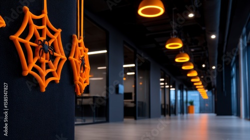 Corporate office decked in Halloween decor spooky spider webs orange and workplace. A festive autumn workplace atmosphere with creepy crawly decorations and vibrant fall colors.