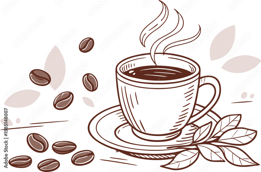 Obraz premium A hot coffee cup with steam and beans, a perfect morning beverage