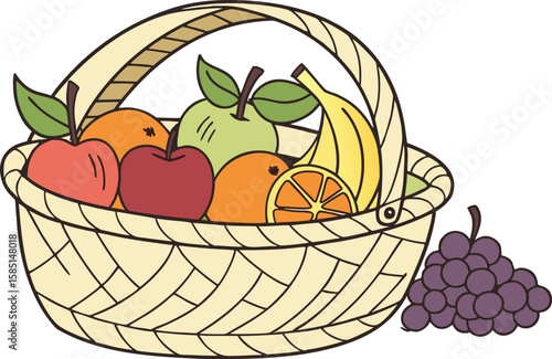 Fresh, juicy fruits like apples, oranges, and grapes overflow from a healthy food basket, a vibrant illustration of nature's sweet and ripe bounty