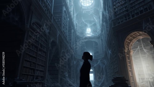 Silhouette in Spooky Library with Cobwebs and Architectural Details