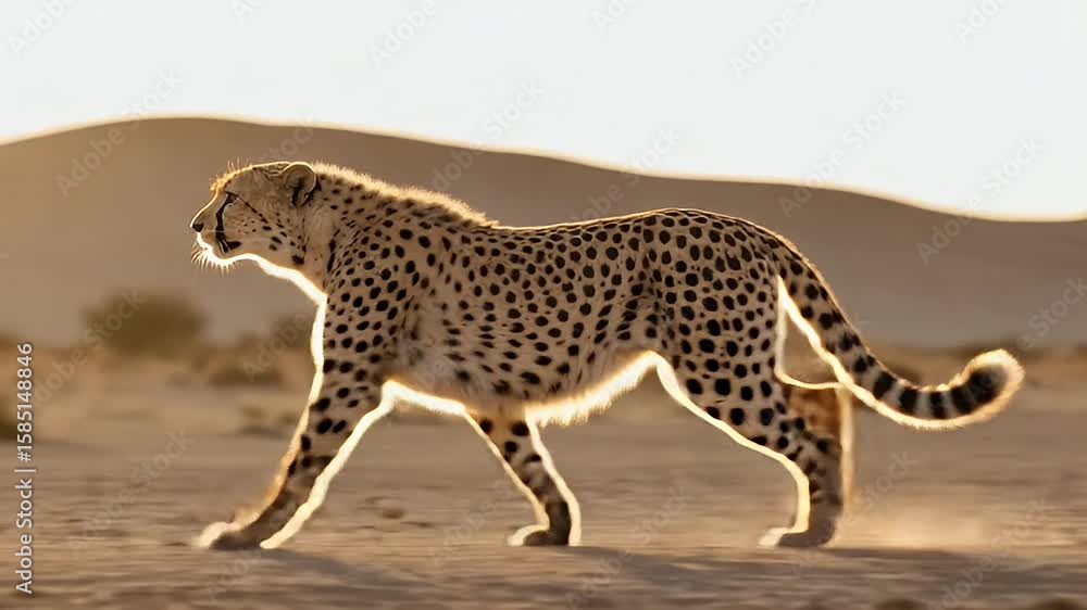Majestic Cheetah Strolling Through Golden Desert Sunrise Majestic Cheetah Strolling Through Golden Desert Sunrise