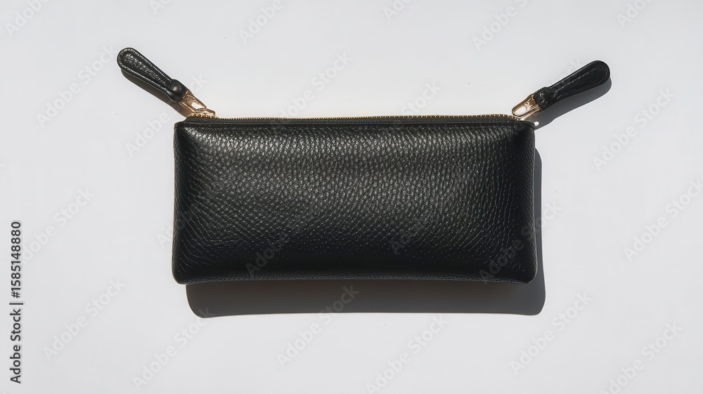 Naklejka premium Elegant black leather coin purse with dual zipper pulls studio aesthetic
