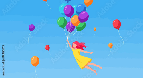 Woman in Yellow Dress Flying with Colorful Balloons Against Blue Sky