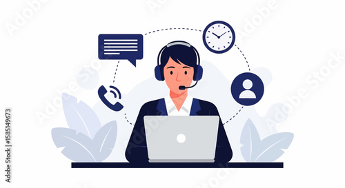 Adobe illustrator artwork of a focused customer support representative with a headset and laptop, surrounded by icons for call, chat, time, and profile, illustrating efficient multi-channel assistance