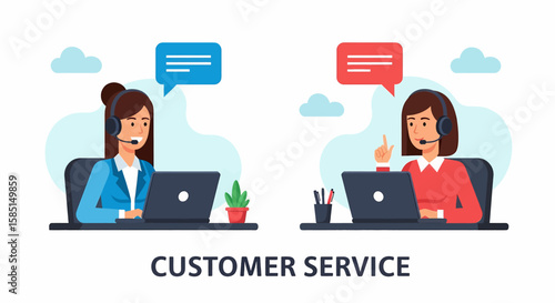 Adobe illustrator artwork of two friendly customer service agents at their laptops with headsets and chat bubbles, representing efficient and approachable online support and communication