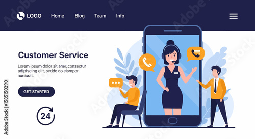 Adobe illustrator artwork of a customer service landing page featuring friendly support agents assisting customers via phone and chat within a large smartphone interface, emphasizing 24/7 assistance