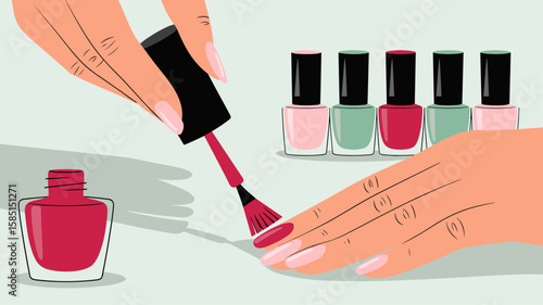 manicurist's hand applying red polish to nails, vector illustration for salon manicure, beauty treatment and self care
