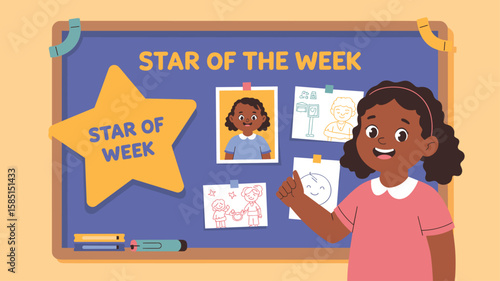 student proudly standing by star of the week bulletin board, vector illustration for student recognition, classroom achievement and positive reinforcement
