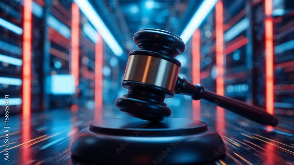 A judge's gavel hovers in a high-tech virtual space, symbolizing the enforcement of cybersecurity laws and regulations in an abstract technological environment. 4k video
